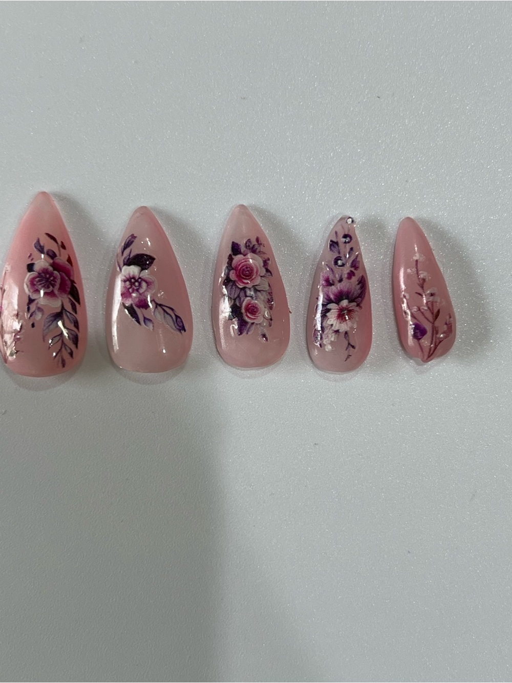Blush Pink Floral Press-On Nail Set with Hand-Painted Purple Accents